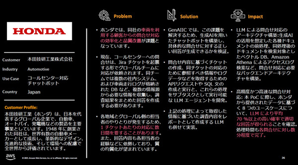 Amazon「自動車業界向け AWS生成AI基盤モデル」ホンダと連携した SDVや生成AIエージェント開発事例を紹介