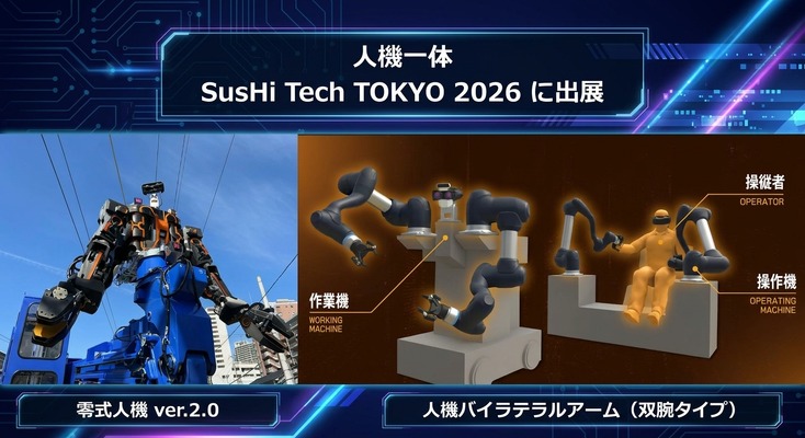 人機一体が人型重機や双腕ロボアームをビッグサイトで披露「SusHi Tech Tokyo 2026」に初出展 画像