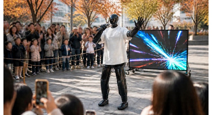 音声AIとヒューマノイドの「AI大道芸人」をカラクリとHighlandersが共同開発 観客のお題から即興ラップ 画像