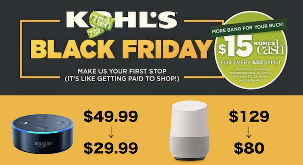KOHL’Sがブラックフライデーでスマートスピーカーを大安売り！Echo Dotが30ドル、Google Homeは80ドル 画像