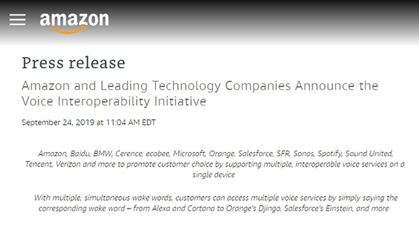 AmazonがBMW、マイクロソフト、Bose、セールスフォース、スポティファイ等、30社以上とアライアンスを結成「Voice Interoperability Initiative」 画像