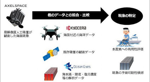 衛星画像や海水温などを照合して豊漁の手掛かりを抽出 アクセルスペース、オーシャンアイズ、京セラが高精度漁場予測の実用化へ 画像