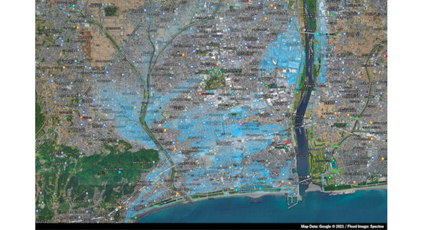 7月3日に平塚市で発生した浸水被害地域をAIで可視化 防災テックベンチャーのSpecteeが公開 川沿いを中心に非常に広い範囲で浸水 画像