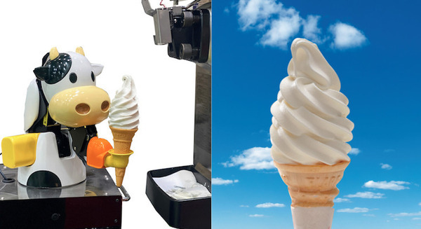 牛型ロボットが「ミルクソフトクリーム」を巻き上げる 淡路サービスエリア上り線フードコートにソフトクリームロボットが登場! 画像