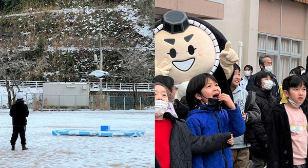 雪景色の中「カブッキー」のノベルティグッズを児童生徒に配送 小松市松東地区で「中山間地域におけるドローン配送」の実証実験 画像