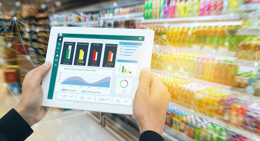 <p>iot smart retail in the futuristic concept, the retailer hold the tablet and use augmented reality technology monitor data of out of shelve, price, planogram, campaign of compliance in the real time</p>