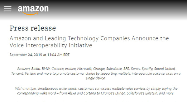 AmazonがBMW、マイクロソフト、Bose、セールスフォース、スポティファイ等、30社以上とアライアンスを結成「Voice Interoperability Initiative」