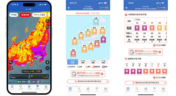 「熱中症レーダー」の予報を6時間先まで無料化　ウェザーニュースアプリが熱中症危険度を250mメッシュの超高解像度マップで表示