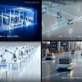 左上から：BIM・点群・衛星からの3D空間生成／経路・干渉・台数の導入前検証／仮想空間での制御の学習／翌朝の改善案配信（コンセプトデモ映像より・イメージ）