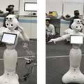 Pepperの後ろでヘッドセットを付けているのがユーザ。ユーザが腕を前に出すとPepperも腕を前に出し、ユーザが頭を左に向けて手を広げるとPepperもその通りの動作をする（PAC2015の会場HUGブースにて）