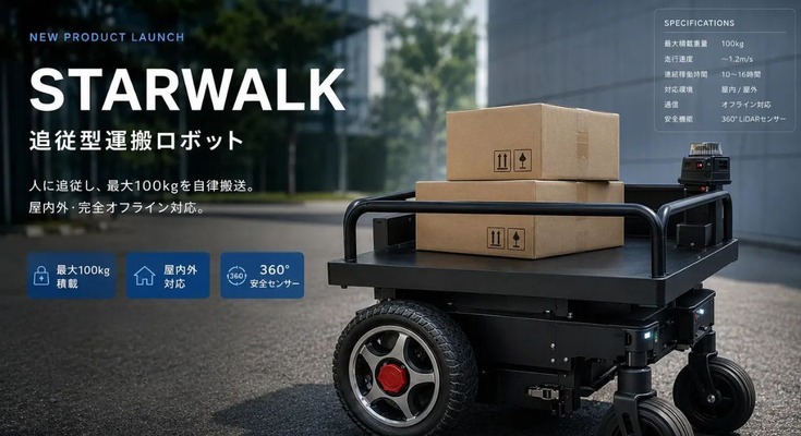 歩くだけで荷物搬送を自動化する追従型ロボット「STARWALK」をアップグレード、日本製バッテリー搭載で安全性・保守性を強化 画像