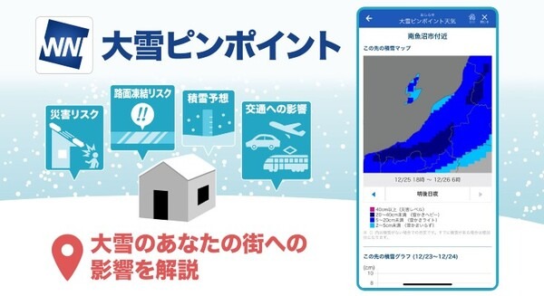 ウェザーニュースアプリの「大雪ピンポイント」に「路面凍結予報」追加　 事前の雪対策や立ち往生の回避へ 画像