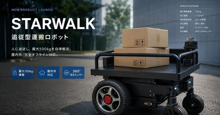 歩くだけで荷物搬送を自動化する追従型ロボット「STARWALK」をアップグレード、日本製バッテリー搭載で安全性・保守性を強化