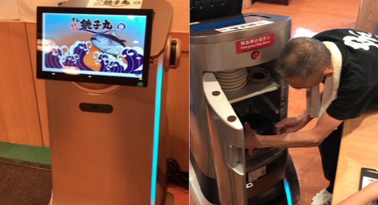 歩行型ai配膳ロボット 回転寿司 すし銚子丸 習志野店 で試験的に導入 抗菌処理された収納box内に料理を入れて運ぶ ロボスタ